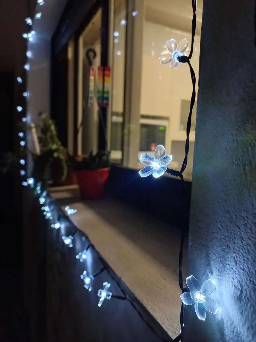 luz solar en forma de tira con flores blancas