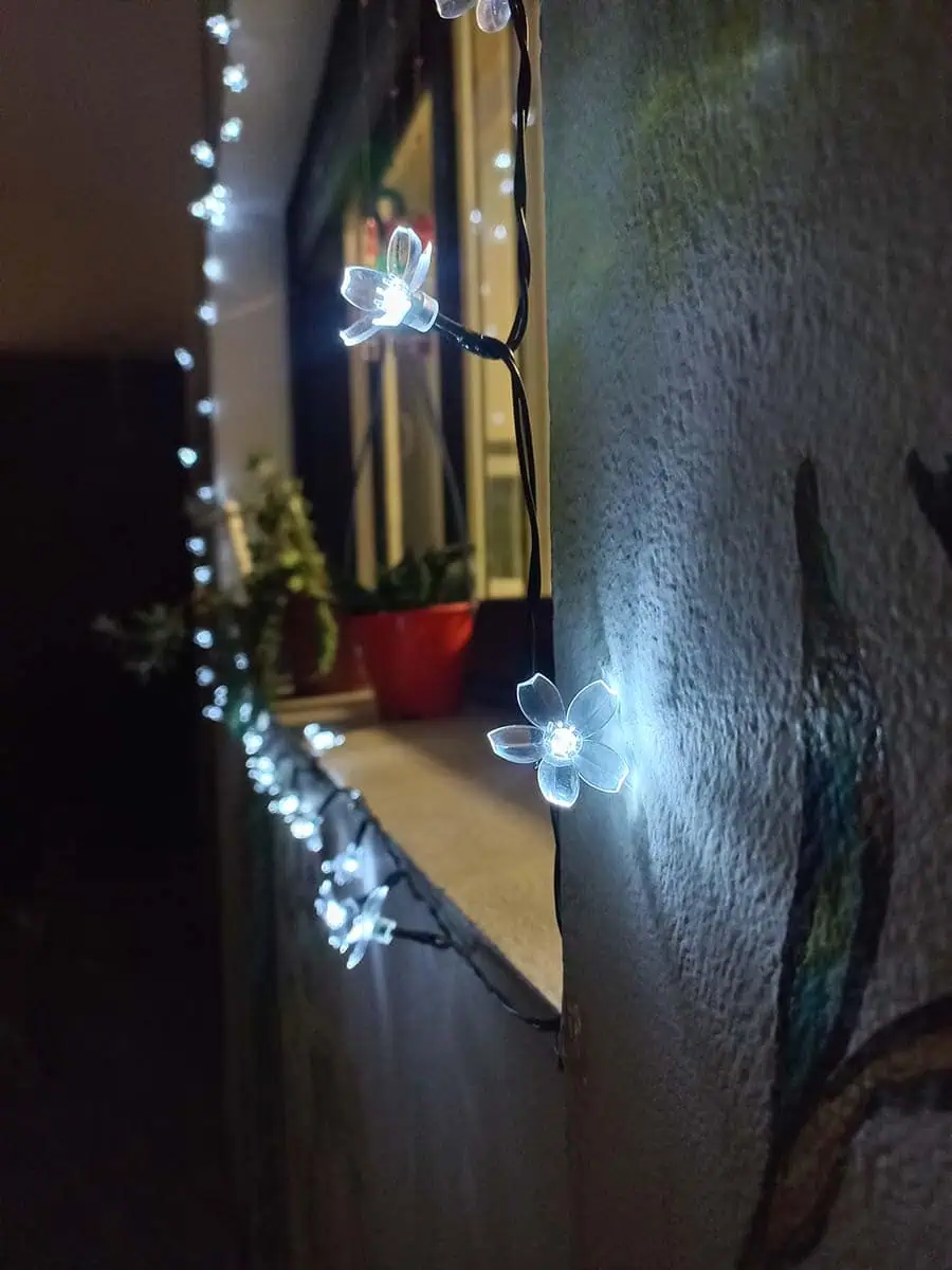 luz solar en forma de tira con flores blancas