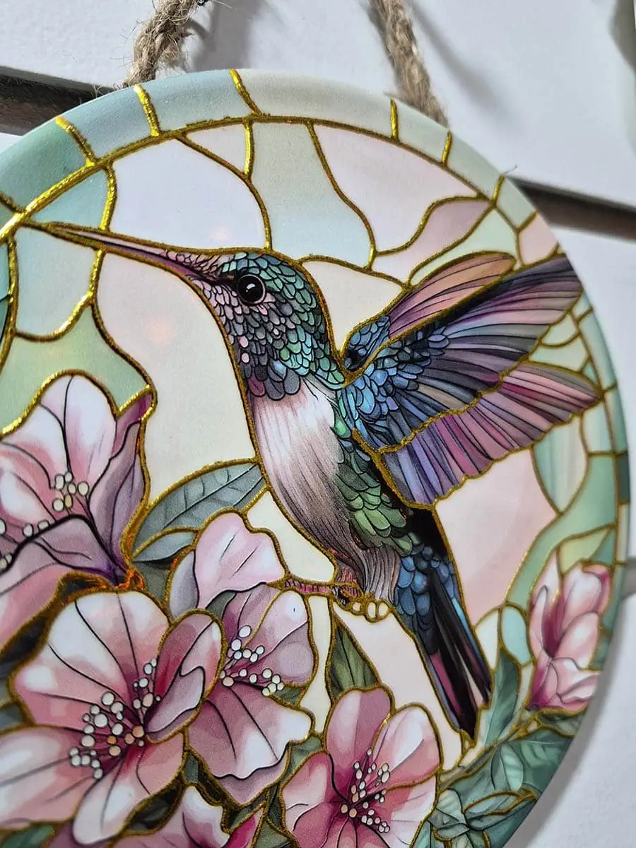 Colgante decorativo de pared de cerámica con un colibrí rodeado de flores rosadas y violetas