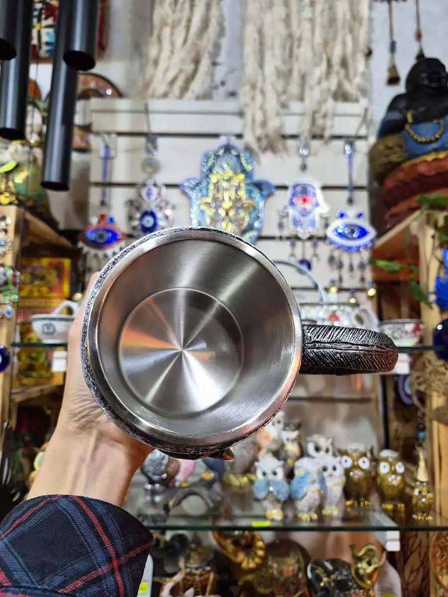 taza estilo medieval o vikinga de acero inoxcidable de aguila plateada